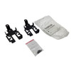 Logic Controls KB17WMBR-BK black metal wall mounting bracket set laid out on a white background, including left and right brackets, a small bag of mounting screws, and product packaging labeled KB17WMBRBK.