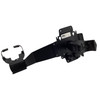 Side perspective view of the black steel monitor arm assembly highlighting the extension bracket, pole attachment collar, and terminal cradle.