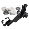 Angled overhead view of the assembled monitor mount with extension arm alongside packaged mounting hardware and hex tool kits.