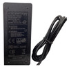 Close-up of the specification label on a black Logic Controls power supply. Text shows Model YHY-12005000, Input 100-240V, Output 12V 5.0A, manufacturer Shenzhen Yinghuiyuan Electronics Co., Ltd., and regulatory safety marks including CE, FCC, and RoHS.