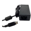Black Logic Controls power supply brick shown from the end showing its standard 3-prong C14 AC inlet, alongside the attached DC output cable featuring a ferrite noise filter and a round 4-pin DIN output connector.