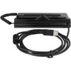 Rear view of a black Topaz SigLite 1x5 electronic signature pad resting flat, showing the top-mounted stylus holder and coiled stylus tether, with the coiled USB interface cable wrapped beneath it.