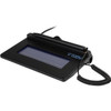 Angled front-right view of the Topaz SigLite 1x5 signature pad, displaying its low-profile black casing, signing pad area, docked stylus, and coiled pen tether.