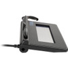 Side profile view from the left of the Topaz SigLite 1x5 signature capture pad, showing the raised top pen-holder, stylus tip, and the rear cable strain relief for the USB connection.
