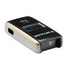 Low-angle side perspective of the pocket-sized Opticon OPN-2500 scanner, displaying the front scan glass, silver side housing, and side USB-C charging slot.