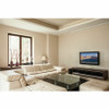 Bright, modern living room setting featuring a flat-screen television mounted flush to the beige wall above a low-profile media console, showcasing the sleek, low-profile placement of the SF640P wall mount.