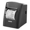 Top three-quarter view of a black Bixolon SRP-330III receipt printer mounted vertically or angled, showing a printed receipt emerging from the exit slot alongside status indicator LEDs and feed control.