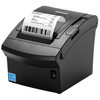 Angled front view of a black Bixolon SRP-350plusV direct thermal POS printer dispensing a printed receipt, featuring a power switch and Energy Star certification label on the front housing.