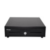 APG Arlo 13.2x13.5 black POS cash drawer, front view showing dual media slots and center key lock.