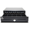 Open APG Arlo 13.2x13.5 black cash drawer displaying internal till with bill hold-downs and coin compartments.