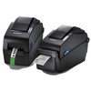 Two black Bixolon SLP-DX220 direct thermal label printers side-by-side, one dispensing a green healthcare wristband and the other outputting a barcode shipping label.