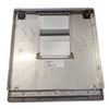 Underside view of the PSC Magellan 9500 stainless steel weigh platter showing the mounting frame, hardware, and central scan window cutout.