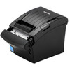 Black Bixolon SRP-350plusV receipt printer angled from the front with its front paper cover open to reveal the internal thermal print mechanism.