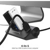 Close-up view of the Sabrent 4-port aluminum USB 3.0 hub acting as a 4-in-1 adapter with multiple flash drives and a cable plugged in.