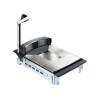 Front three-quarter view of the Datalogic Magellan 9800i bi-optic scanner scale featuring an extended long platter, dual windows, and an integrated top-down reader arm.