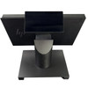 Rear-facing view of the HP Engage One Pro POS terminal displaying its integrated customer-facing display module, sturdy stand base, and HP logo branding on the chassis back.