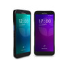 Front view of two Datalogic mobile computers standing side-by-side. The left unit is angled slightly outward with a teal-and-blue lock screen displaying 12:00, while the right unit faces directly forward showing a purple-to-magenta lock screen interface displaying 17:00 with a 5G status icon.