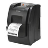 High-angle perspective view of the BIXOLON SRP-275III impact receipt printer dispensing a printed receipt from the top auto-cutter slot.