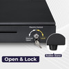 Close-up of the 3-position key lock on the Volcora cash drawer indicating manual open, electric control, and locked positions next to the front rubber foot.