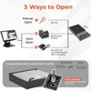 Diagram illustrating 3 ways to open the Volcora cash drawer via key, receipt printer, or USB trigger, with an inset of the bottom RJ12 connection port.