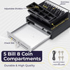 Volcora 16-inch cash drawer showing the drawer chassis open with the 2-tier cash tray lifted out, featuring stainless steel bill clips, adjustable coin dividers, dual check slots, an RJ12 cable, and 4 keys.