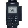 Elo E201088 EMV cradle kit securely holding a Verifone E355 payment terminal, shown from a direct front angle highlighting the display, keypad, and card slots.