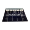 Top-down overhead view of the M-S 1051-5 cash drawer insert, highlighting the 5-bill and 5-coin US currency layout with spring-loaded steel bill clips resting inside the black plastic slots.