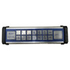 Front overhead view of a Radiant Systems P823F027 kitchen video display KDS bump bar showing the blue membrane keypad with numbered keys 1 through 10, bump active, recall, arrow, and option buttons.