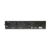 Rear panel view of the Tripp Lite SMART1500RM2UN 2U rackmount UPS displaying eight NEMA 5-15R outlets organized into switched and unswitched load banks, pre-installed WEBCARDLX network card, USB and RS-232 serial ports, EPO connection, and input circuit breaker.
