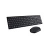 High-angle perspective view of the Dell Pro KM5221W black wireless keyboard paired with an ambidextrous optical wireless mouse against a white background.