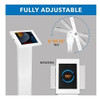 Infographic demonstrating the ergonomic adjustability of the Mount-It! MI-3880W_G10 kiosk, showing 0 to 75 degree tilt range and 90 degree screen rotation between portrait and landscape modes.