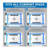 Four-panel compatibility chart displaying modular bezel adapter configurations for Apple iPad, iPad Air, and iPad Pro with options for open home button, covered button, or camera access.