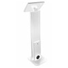 Rear profile view of the Mount-It! MI-3880W_G10 white kiosk stand highlighting the rotating display hinge, vertical support pillar, and lower locking compartment for power adapters.
