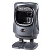 Close-up front-facing view of the dark gray Code CR5000 presentation barcode scanner highlighting the large optical scanning window, LED illumination array, and base stand.