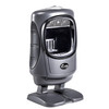 Three-quarter profile view of the dark gray Code CR5000 countertop presentation scanner displaying the ergonomic textured side grips, tilted scan head, and stable footprint.