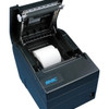 Open top view of the black SNBC BTP-R880NPV thermal receipt printer showing an installed 80mm paper roll inside the drop-in loading bay.