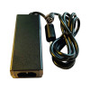 A genuine Datalogic 90ACC0196 AC/DC power supply brick and its attached output cable, isolated on a white background. The rectangular adapter body is made of textured black plastic and features a standard 3-prong IEC C14 power inlet on the front face. Extending from the rear is a thick, black DC power cord neatly bundled in a loop, equipped with an integrated cylindrical ferrite core and terminating in a specialized 3-pin mini-DIN connector.