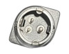 An extreme close-up, top-down view of the specialized 3-pin circular power connector tip from a Datalogic 90ACC0196 power supply, isolated on a white background. The interior of the circular metal plug housing reveals three distinct male contact pins arranged in a triangular configuration within a dark molded plastic base. Small alignment notches are visible along the inner rim of the metal shroud.