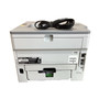 Rear view of the Brother HL-L6400DW laser printer showing the duplex rear access door, AC power inlet, serial/regulatory labels, and network Ethernet and USB connection ports.