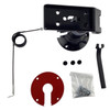 Overhead top-down view of the Dejavoo terminal stand and included accessories, displaying the mounting plate hole configuration, coiled security cable, adhesive base pad, and screw hardware.