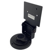 Angled side view of the black ENS 367-3884 terminal stand showing the mounting plate, tilt bracket, and circular base collar.