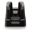 Front view of the Datalogic Skorpio X5 single dock (94A150107), showcasing the charging slot, spring-loaded contact pins, and Datalogic branding on the black chassis.