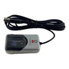 Side-angled view of the HID DigitalPersona 4500 USB optical fingerprint scanner in its protective packaging next to a coiled USB cable.