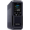 Front-facing perspective of the CyberPower CP1500AVRLCD3 mini-tower UPS featuring the color LCD screen and front USB charging ports.