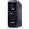 Front-three-quarter view of the CyberPower CP1500AVRLCD3 UPS displaying height, width, and depth measurements.