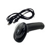 Angled view of the black CipherLab barcode scanner resting horizontally next to its connected black USB cable.
