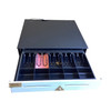 Fully open Oracle MICROS cash drawer revealing the removable money till insert with five bill clips, five coin compartments, and storage space underneath.