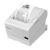 Angled profile view of the white Epson TM-T88VII receipt printer printing an itemized store receipt with status indicator lights on the top housing.