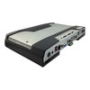 Angled profile view of the FEC BP-864 PC box highlighting the brushed metal top cover, black protective housing, and rear I/O connectivity panel.
