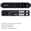 Promotional product overview showing front and rear views of the CyberPower UPS alongside bulleted feature highlights for its 8 outlets, short depth rackmount design, LCD panel, and AVR.